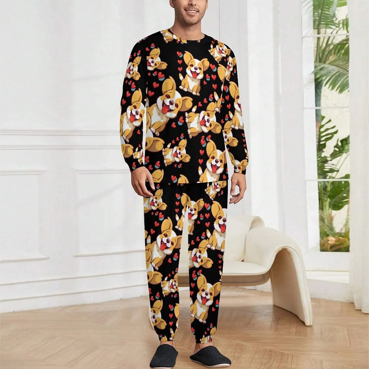 Cute Corgi Love Mens Pajamas Set Long Sleeve Sleepwear Set Soft Underwear Set Loungewear