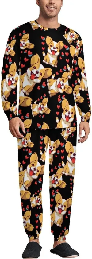 Cute Corgi Love Mens Pajamas Set Long Sleeve Sleepwear Set Soft Underwear Set Loungewear