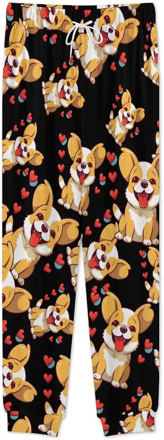 Cute Corgi Love Mens Pajamas Set Long Sleeve Sleepwear Set Soft Underwear Set Loungewear