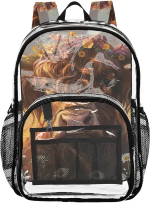 Cute Highland Cow Flowers Travel Clear Backpack Floral Kids Backpack Boys Girls Pvc School Plastic Bookbag