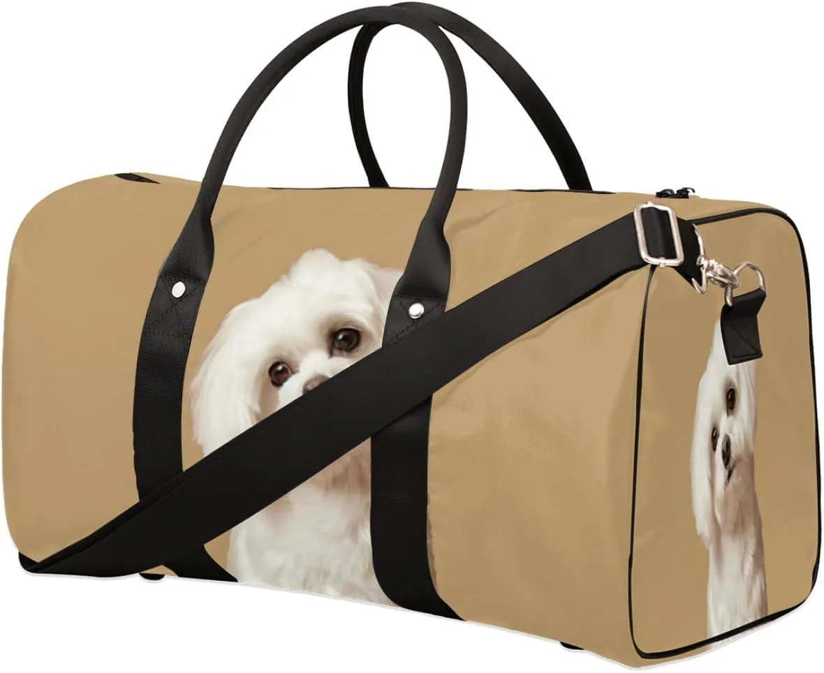 Cute Maltese Dog Travel Duffel Bag for Women Men, Animal Dog Pattern Sport Tote Gym Bag Foldable Weekender Overnight Bag Waterproof Carry On Luggage Bag