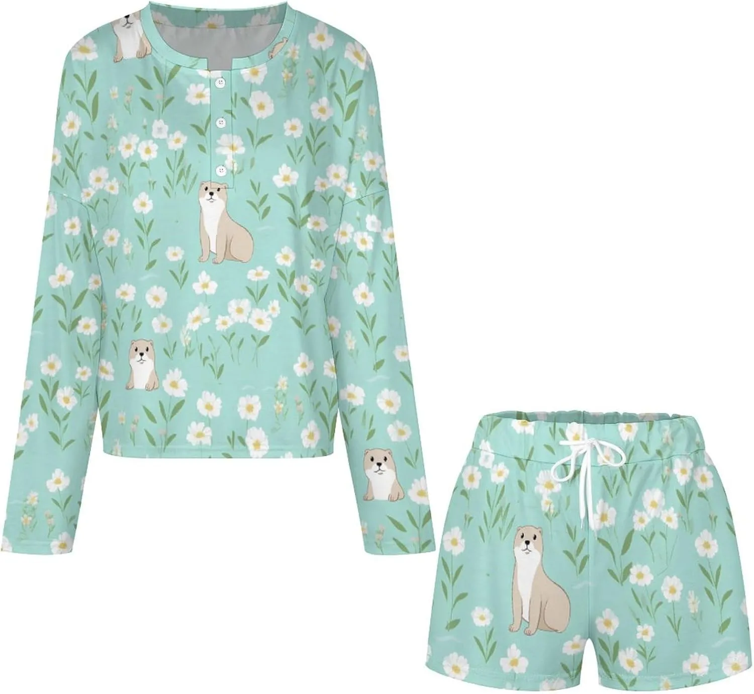 Cute Otter Womens Pajama Set Long Sleeve And Shorts Loungewear Sets 2 Piece Sleepwear Set
