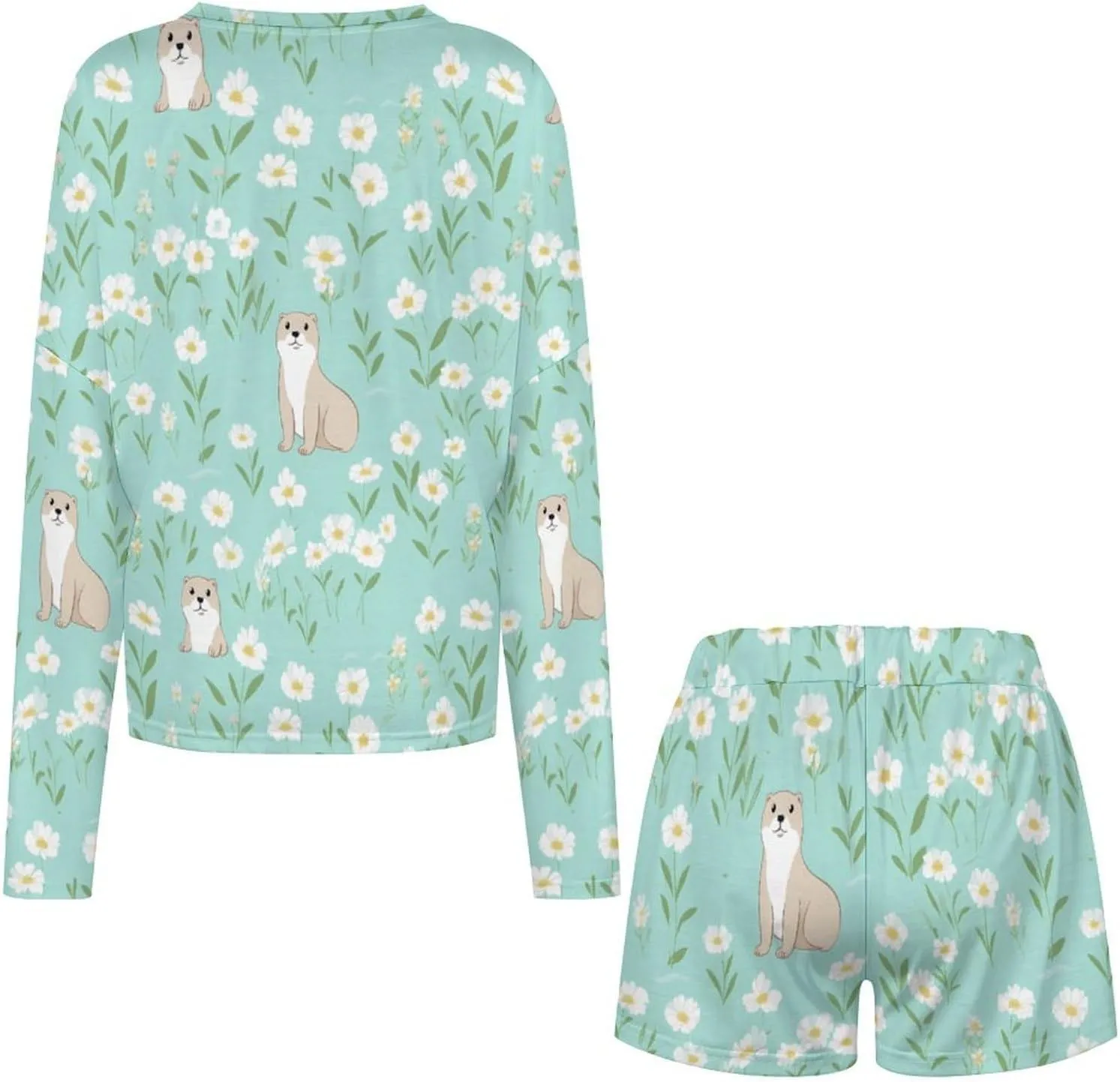 Cute Otter Womens Pajama Set Long Sleeve And Shorts Loungewear Sets 2 Piece Sleepwear Set