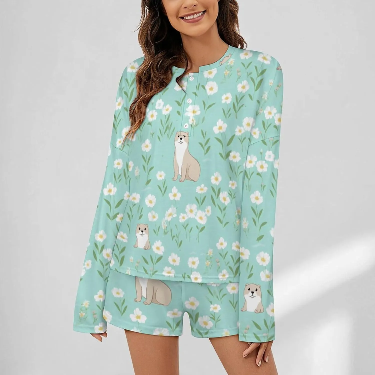 Cute Otter Womens Pajama Set Long Sleeve And Shorts Loungewear Sets 2 Piece Sleepwear Set