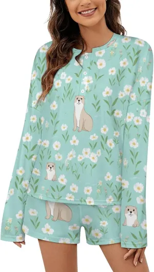 Cute Otter Womens Pajama Set Long Sleeve And Shorts Loungewear Sets 2 Piece Sleepwear Set