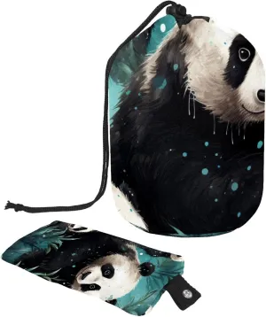 Cute Panda in Jungle Pattern Travel Cosmetic Bags Makeup Bag for Women, Foldable Drawstring Travel Cosmetic Bags, Portable Toiletry Bucket Bag