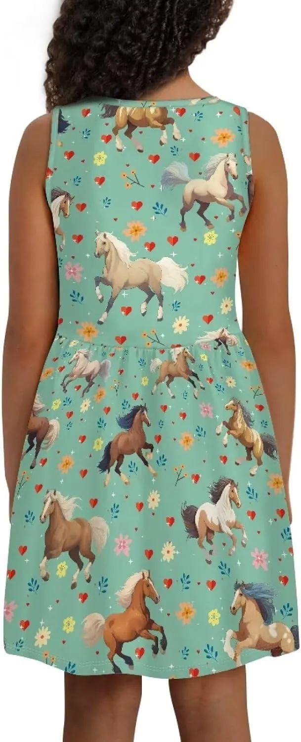 Cute Sundress with Pockets for Girls Casual Dress Knee Length Sleeveless Beach Skirts for 2-14T Teen Girls
