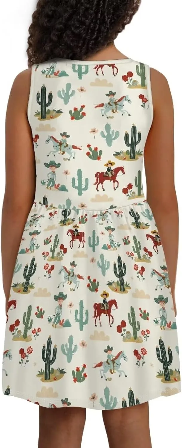 Cute Sundress with Pockets for Girls Casual Dress Knee Length Sleeveless Beach Skirts for 2-14T Teen Girls