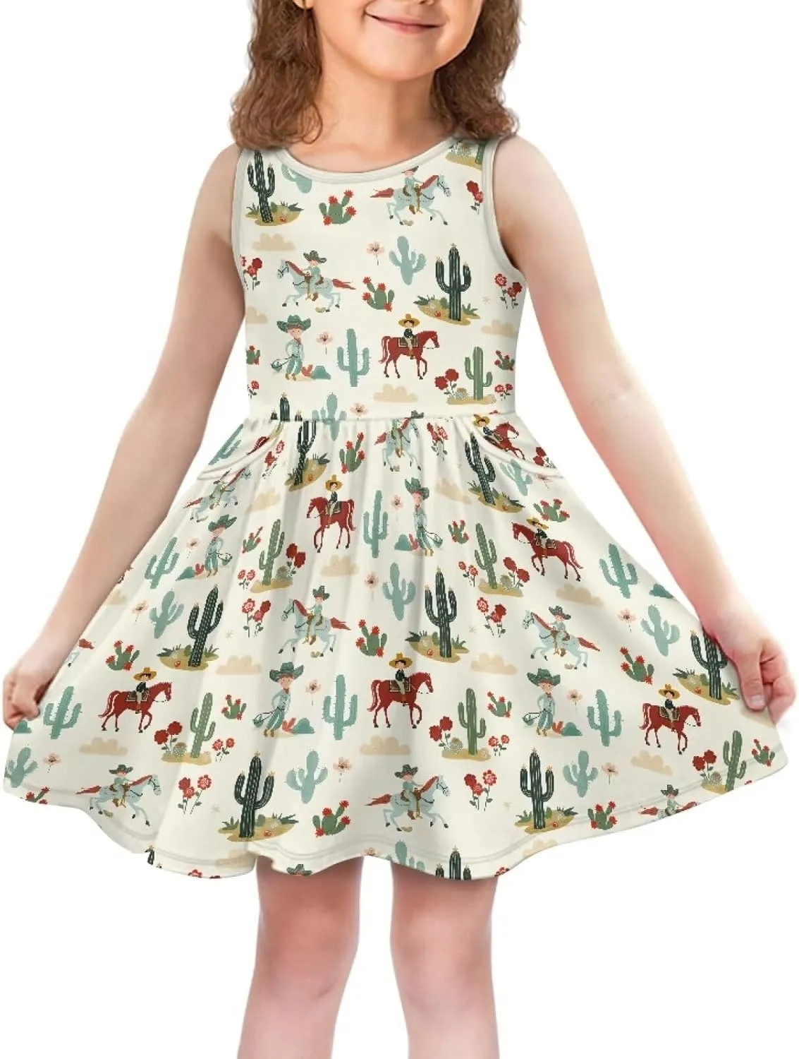 Cute Sundress with Pockets for Girls Casual Dress Knee Length Sleeveless Beach Skirts for 2-14T Teen Girls