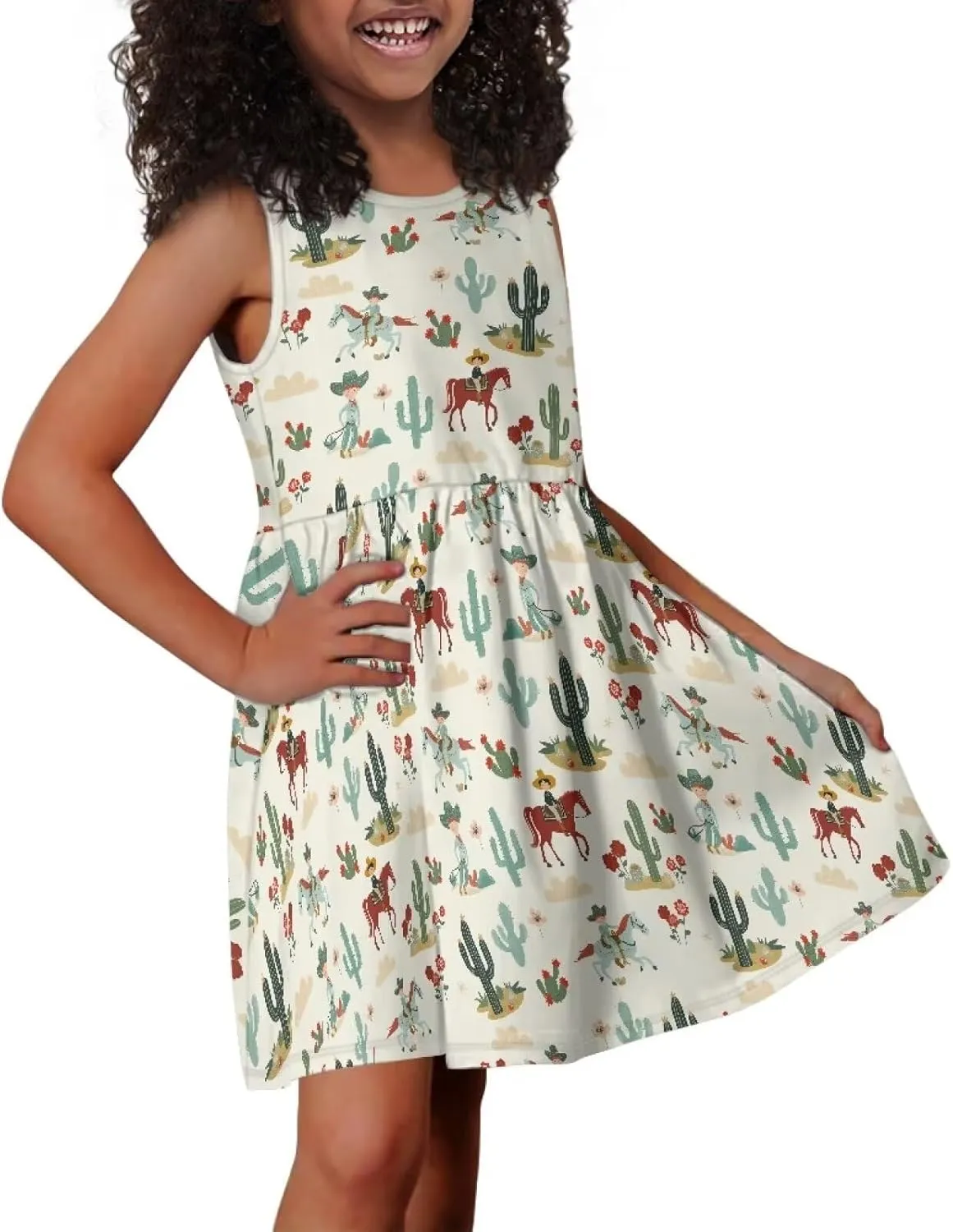 Cute Sundress with Pockets for Girls Casual Dress Knee Length Sleeveless Beach Skirts for 2-14T Teen Girls