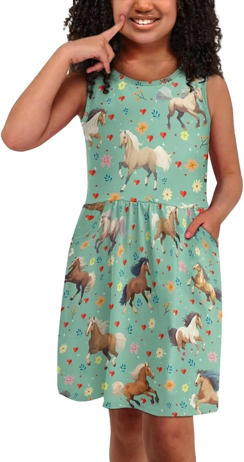 Cute Sundress with Pockets for Girls Casual Dress Knee Length Sleeveless Beach Skirts for 2-14T Teen Girls