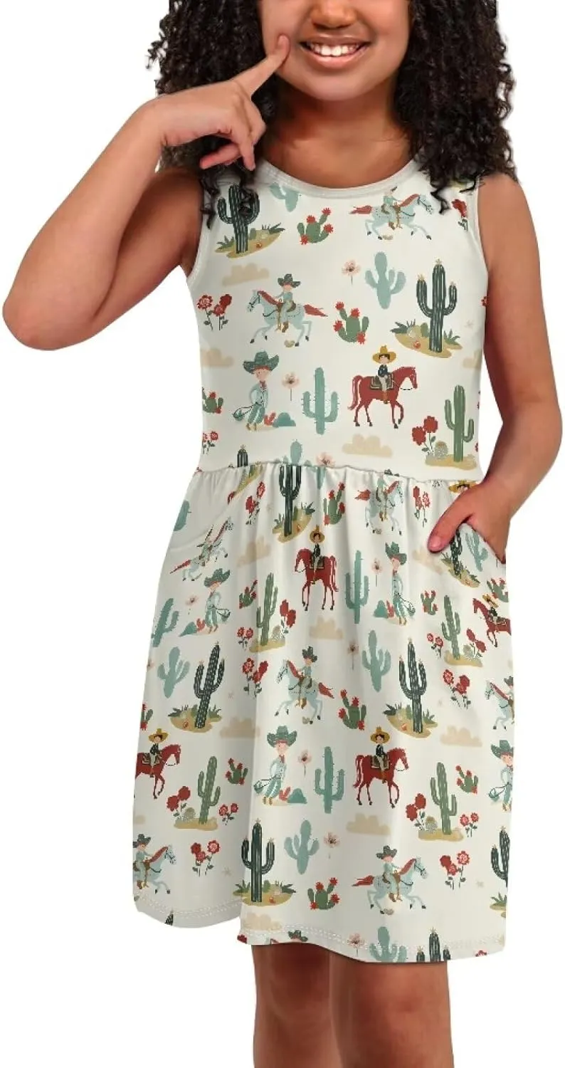 Cute Sundress with Pockets for Girls Casual Dress Knee Length Sleeveless Beach Skirts for 2-14T Teen Girls