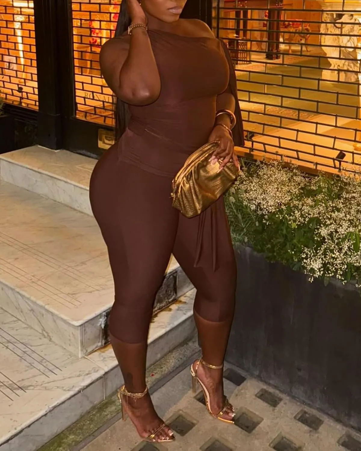 CXXQ Sexy 2 Piece Outfits Off Shoulder Self Tie Crop Tops and Capri Legging Set Tracksuits Clubwear