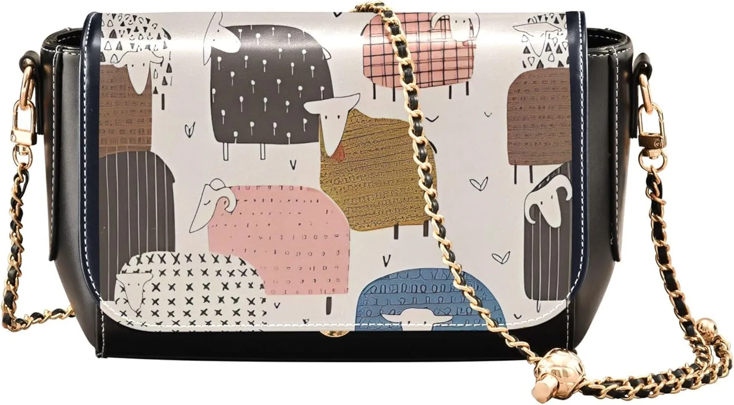 Designer Shoulder Leather Bags, Colorful Sheep Cute Animals Crossbody Bags for Women Waterproof Satchel Chain Strap