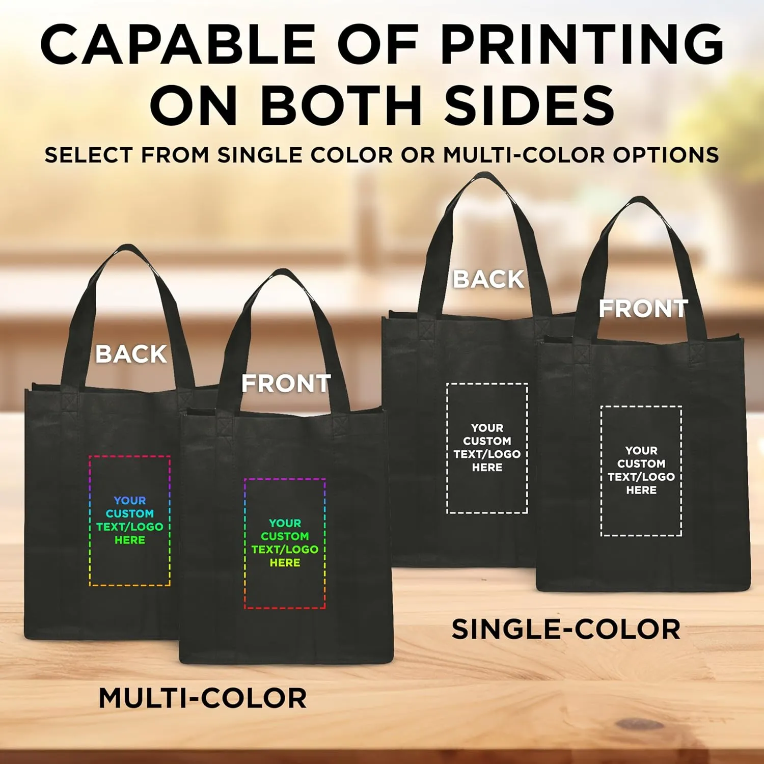 DISCOUNT PROMOS Custom Reusable Grocery Tote Bags - 10 Pack - Personalized Logo, Text - Large Handle, Heavy Duty Cloth Shopping Bag - Black - 13"X15"X10"