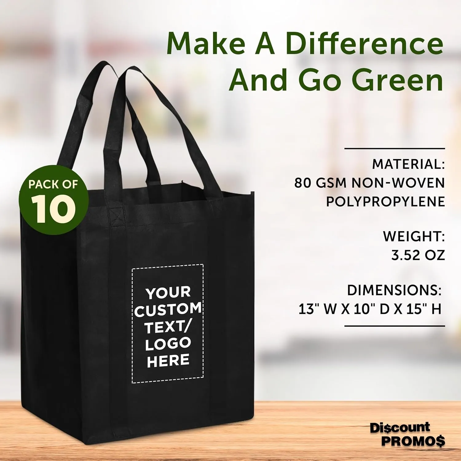 DISCOUNT PROMOS Custom Reusable Grocery Tote Bags - 10 Pack - Personalized Logo, Text - Large Handle, Heavy Duty Cloth Shopping Bag - Black - 13"X15"X10"