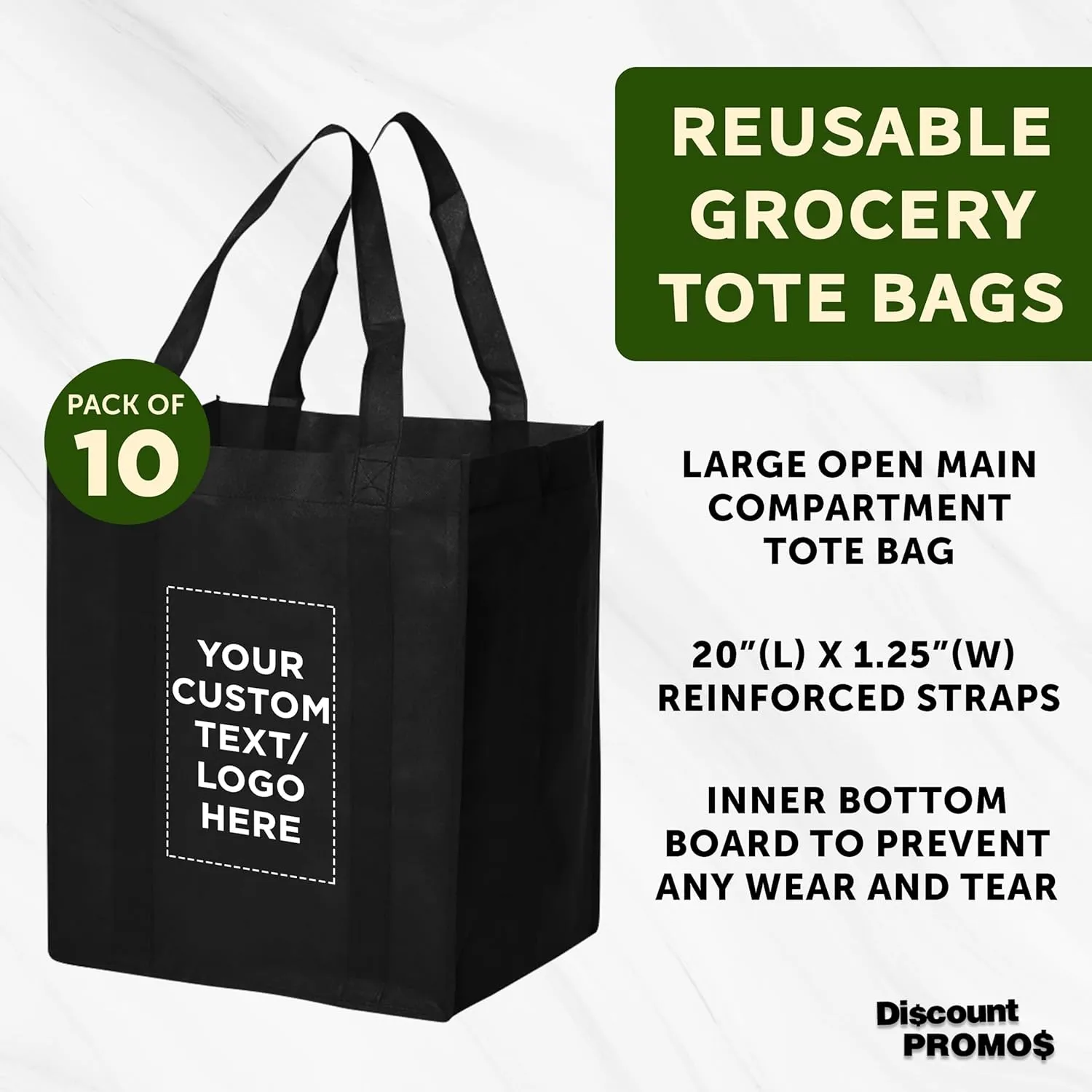 DISCOUNT PROMOS Custom Reusable Grocery Tote Bags - 10 Pack - Personalized Logo, Text - Large Handle, Heavy Duty Cloth Shopping Bag - Black - 13"X15"X10"