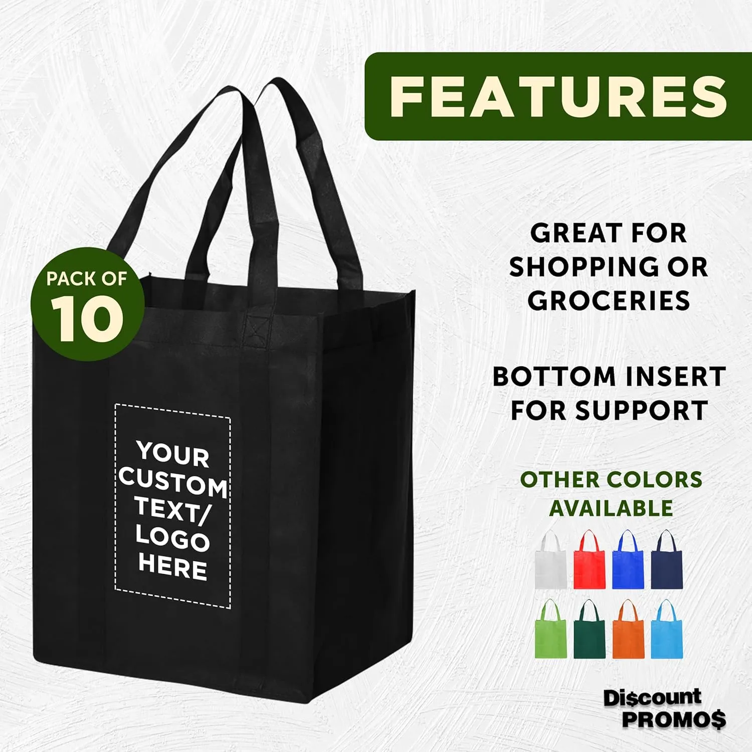 DISCOUNT PROMOS Custom Reusable Grocery Tote Bags - 10 Pack - Personalized Logo, Text - Large Handle, Heavy Duty Cloth Shopping Bag - Black - 13"X15"X10"