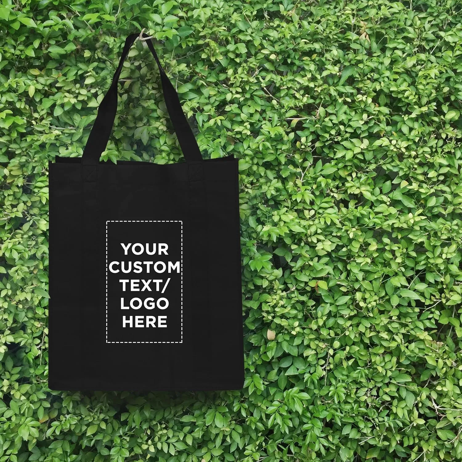 DISCOUNT PROMOS Custom Reusable Grocery Tote Bags - 10 Pack - Personalized Logo, Text - Large Handle, Heavy Duty Cloth Shopping Bag - Black - 13"X15"X10"