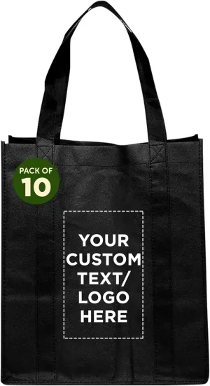 DISCOUNT PROMOS Custom Reusable Grocery Tote Bags - 10 Pack - Personalized Logo, Text - Large Handle, Heavy Duty Cloth Shopping Bag - Black - 13"X15"X10"