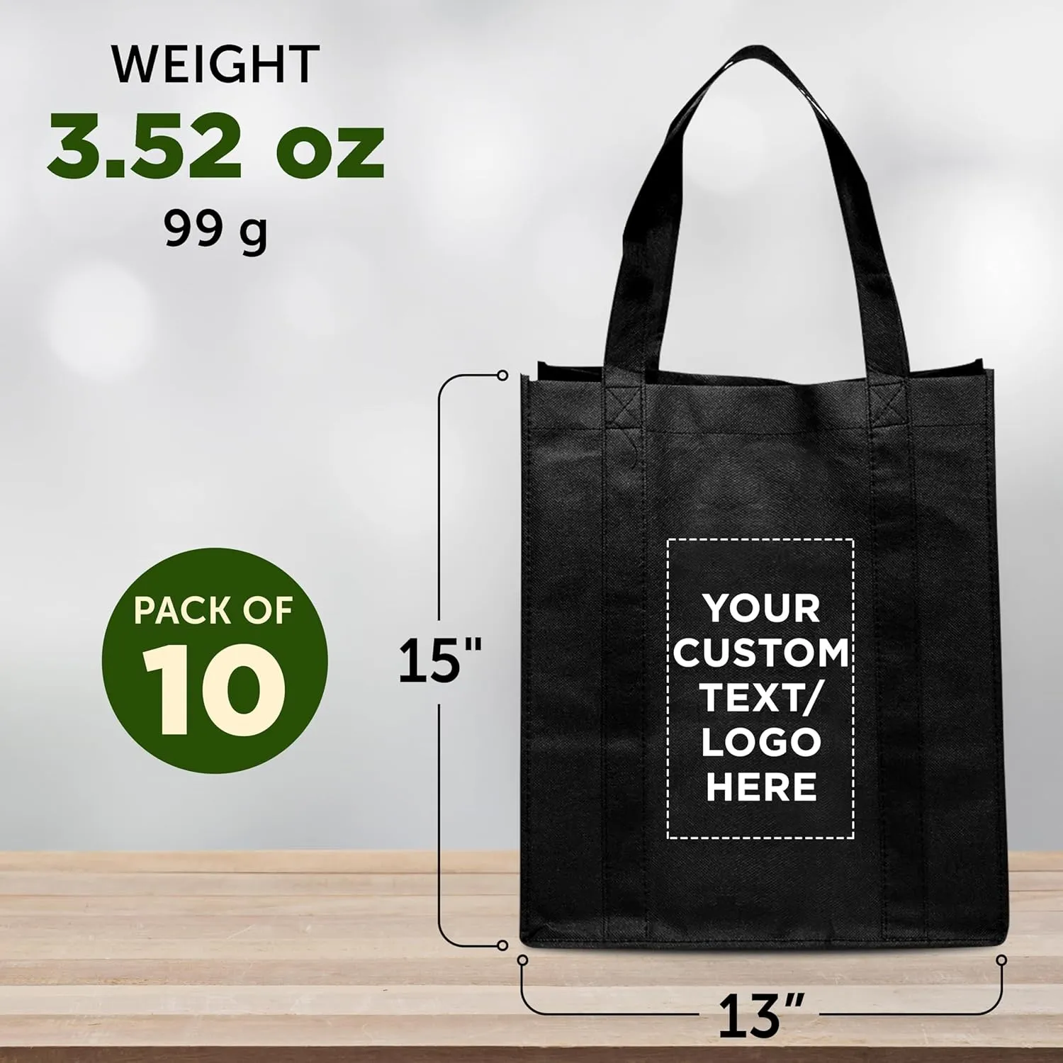 DISCOUNT PROMOS Custom Reusable Grocery Tote Bags - 10 Pack - Personalized Logo, Text - Large Handle, Heavy Duty Cloth Shopping Bag - Black - 13"X15"X10"