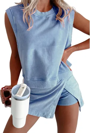 Ecosunny Women's Summer 2 Piece Sets Sweatsuits Casual Crewneck Sleeveless Matching Sets Trendy Skirt Shorts Lounge Outfits