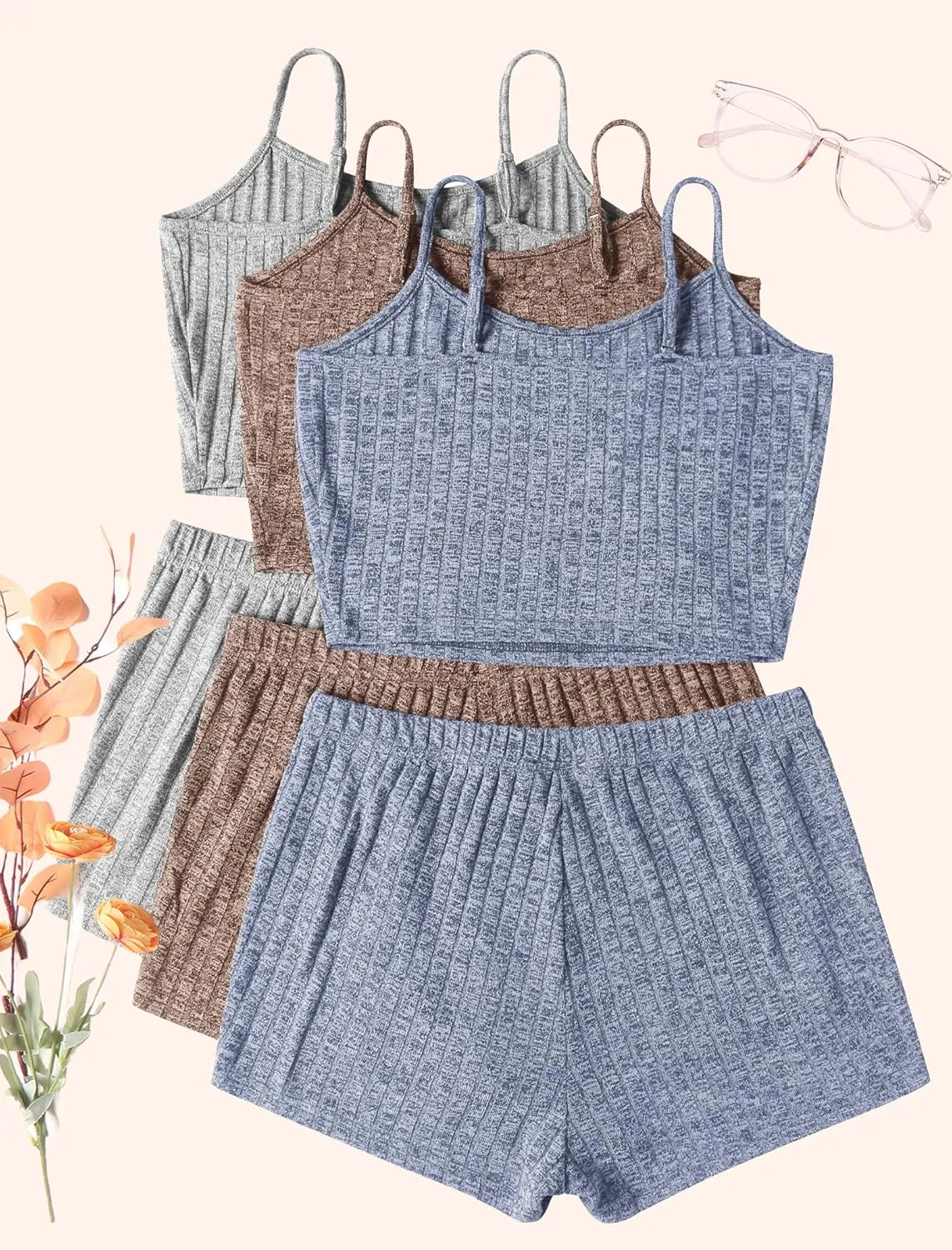 Ekouaer 3 Sets for Women Ribbed Pajamas Crop Cami Top and Shorts Pjs Casual Sleeveless Button Lounge Set Sleepwear