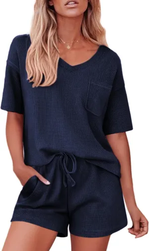 Ekouaer Pajamas for Women Waffle Knit Lounge Set 2 Piece PJS Short Sleeve Top and Shorts Matching Loungewear with Pockets