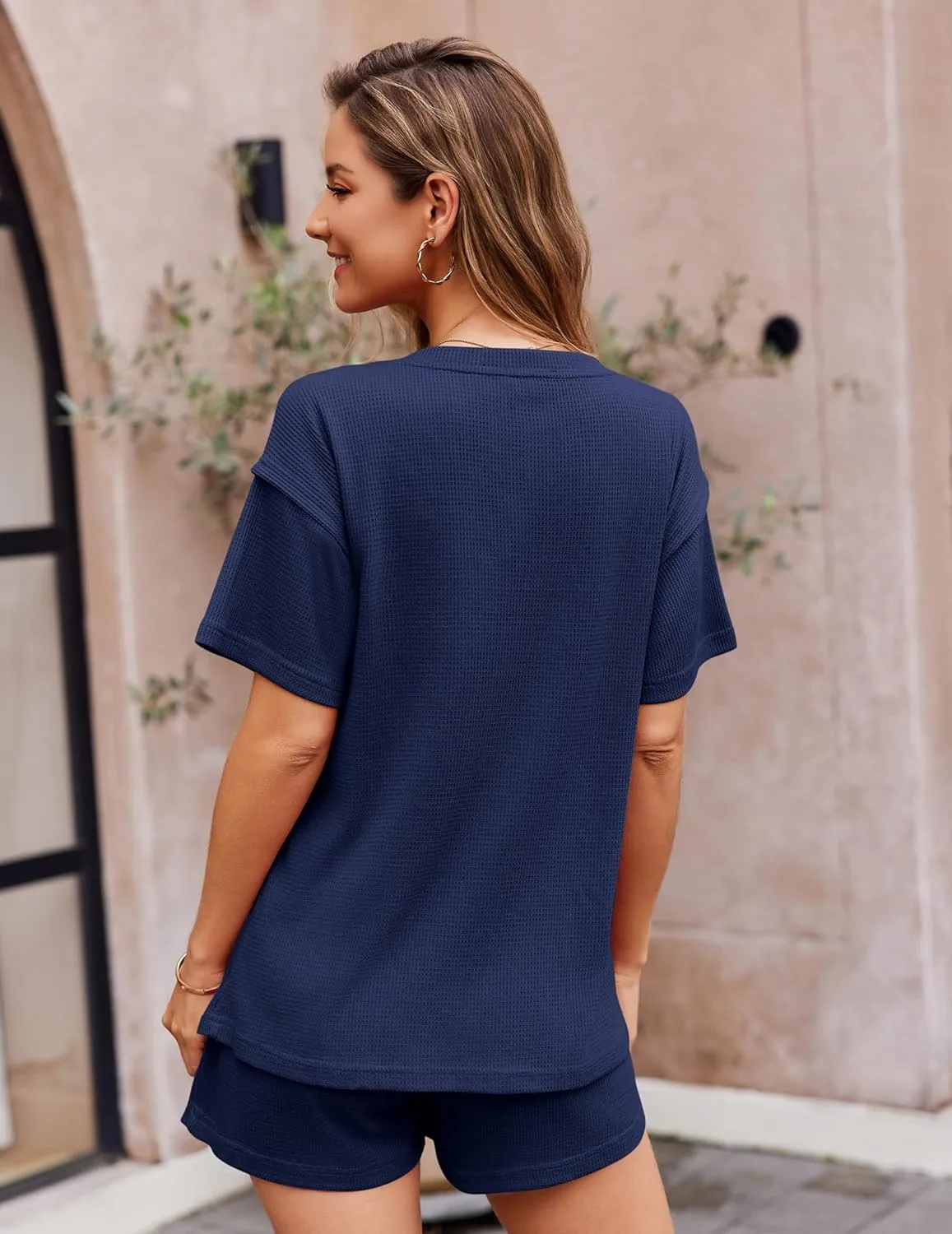 Ekouaer Pajamas for Women Waffle Knit Lounge Set 2 Piece PJS Short Sleeve Top and Shorts Matching Loungewear with Pockets