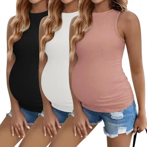 Ekouaer Women Maternity Tank Tops 3 Packs Crew Neck Ribbed Pregnancy Shirts Mama Clothes