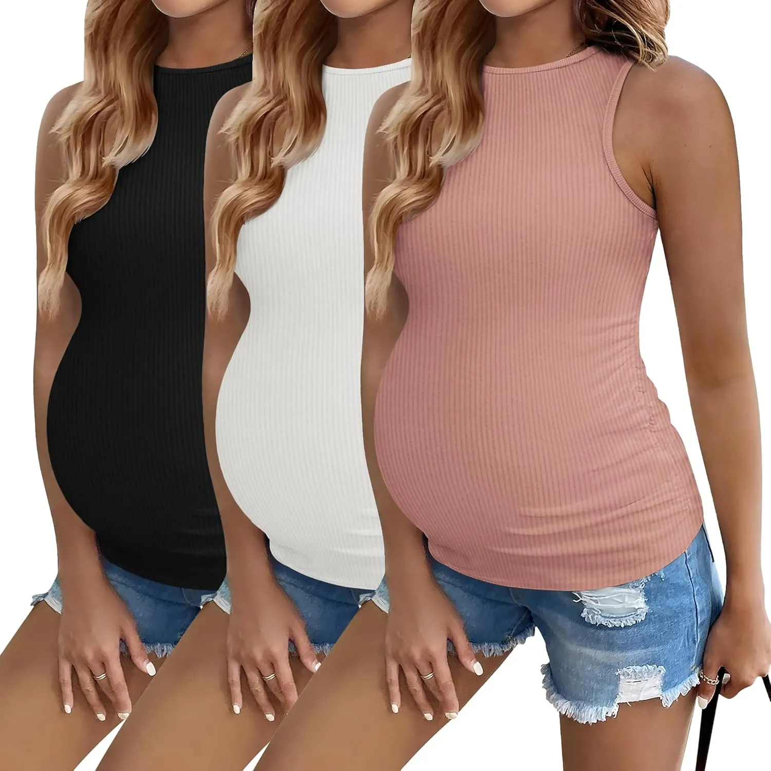 Ekouaer Women Maternity Tank Tops 3 Packs Crew Neck Ribbed Pregnancy Shirts Mama Clothes