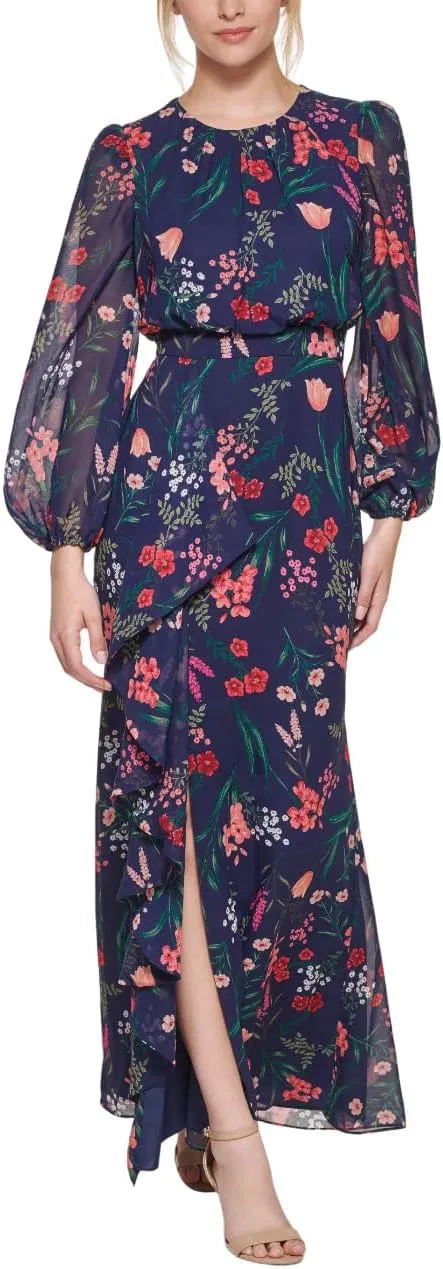 Eliza J Women's Balloon Sleeve High Neck Cascade Maxi Dress