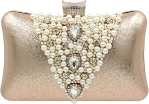 Evening Bag for Women, Artificial Pearl Beaded Clutch Crystal Handbag Leather Crossbody Bag for Wedding Party (Color : Gold)