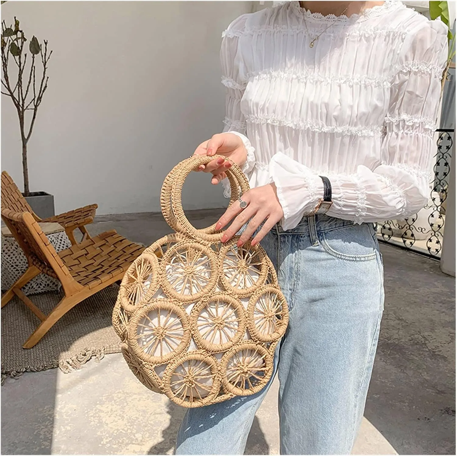 Fashion Hollow Round Straw Bags Woven Women Handbags Summer Beach Shoulder Crossbody Bags For Women Purses