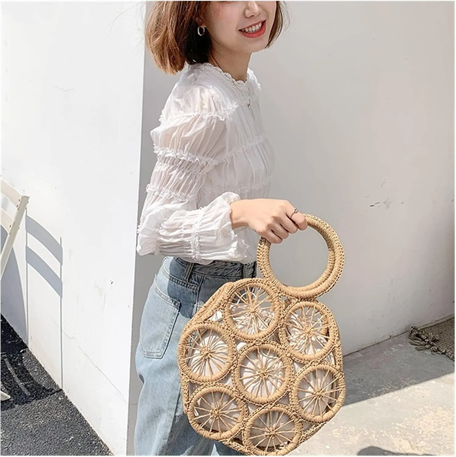 Fashion Hollow Round Straw Bags Woven Women Handbags Summer Beach Shoulder Crossbody Bags For Women Purses