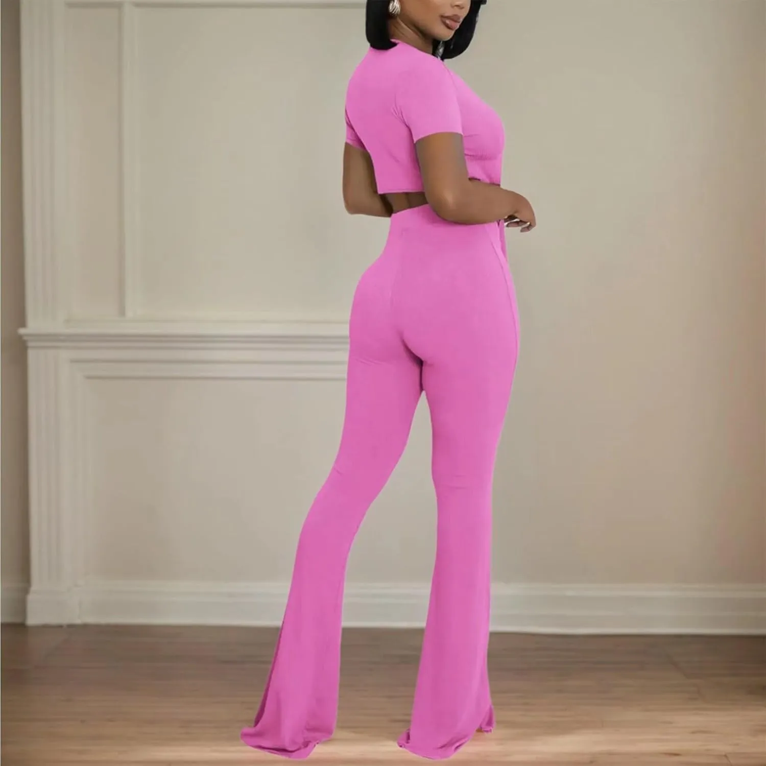 Fastkoala Sexy 2 Piece Outfits for Women Summer Sexy V Neck Belted Crop Tops Wide Leg Pants Sets Sweatsuits