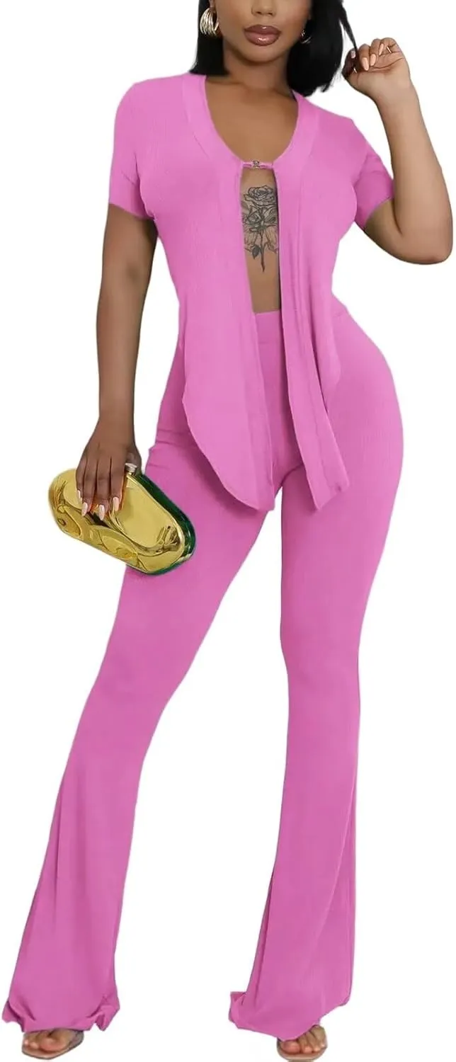 Fastkoala Sexy 2 Piece Outfits for Women Summer Sexy V Neck Belted Crop Tops Wide Leg Pants Sets Sweatsuits