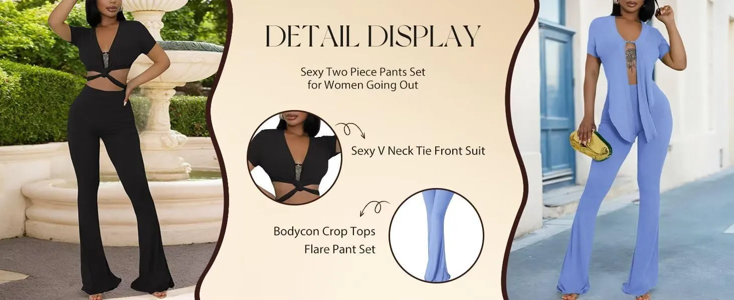 Fastkoala Sexy 2 Piece Outfits for Women Summer Sexy V Neck Belted Crop Tops Wide Leg Pants Sets Sweatsuits