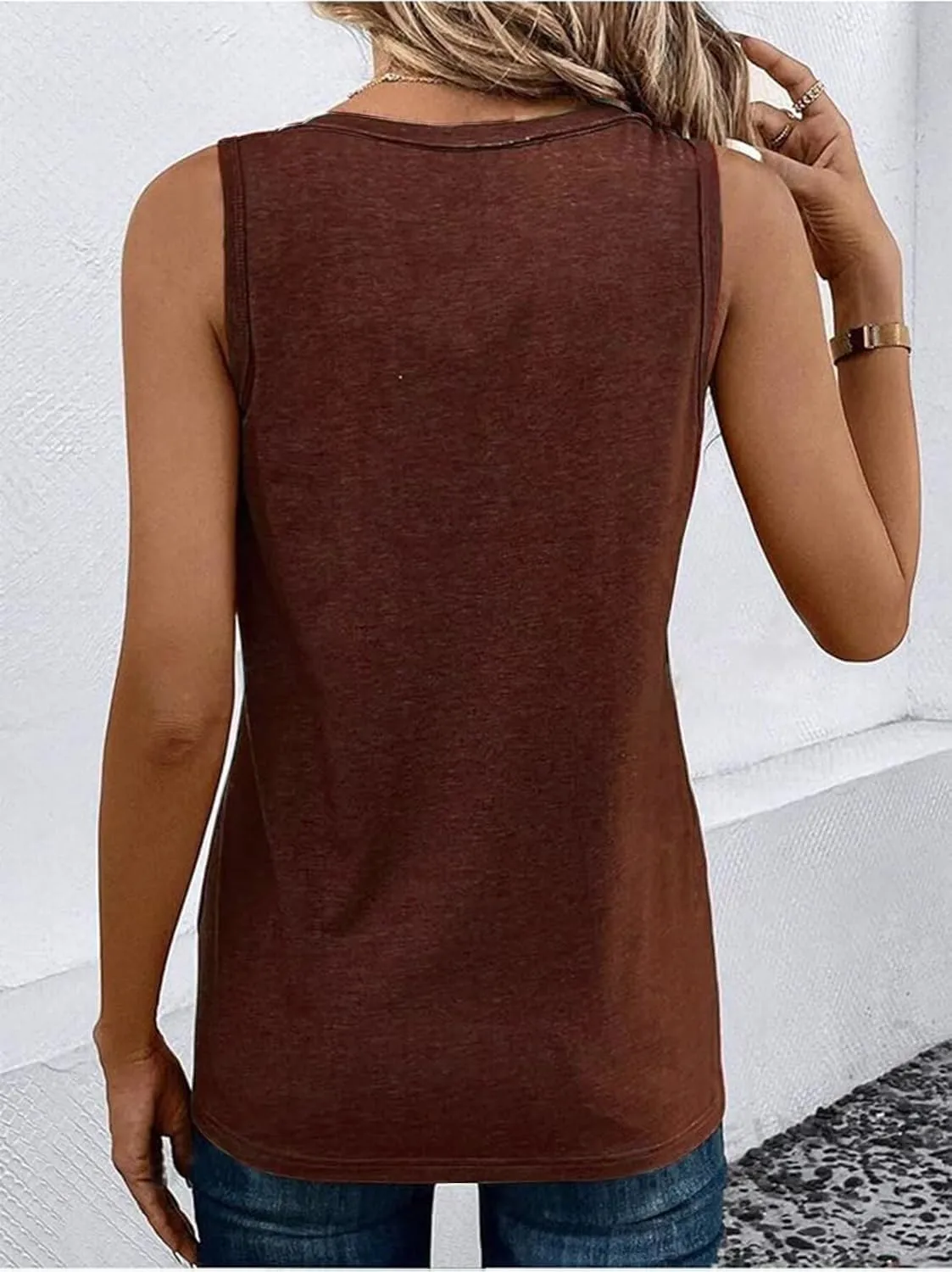 FECAFO Womens Half Button Patched Pocket Tank Top Sleeveless Henley Shirt Summer V Neck Loose Fit Casual Basic Vest Shirts
