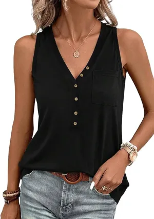 FECAFO Womens Half Button Patched Pocket Tank Top Sleeveless Henley Shirt Summer V Neck Loose Fit Casual Basic Vest Shirts