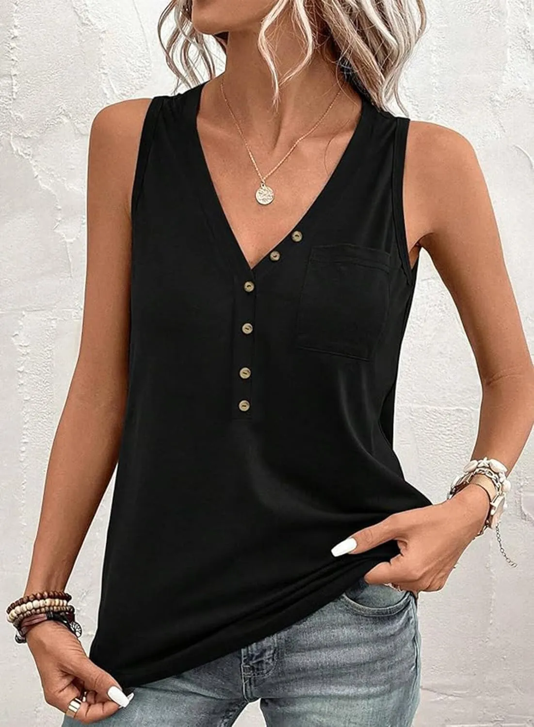FECAFO Womens Half Button Patched Pocket Tank Top Sleeveless Henley Shirt Summer V Neck Loose Fit Casual Basic Vest Shirts