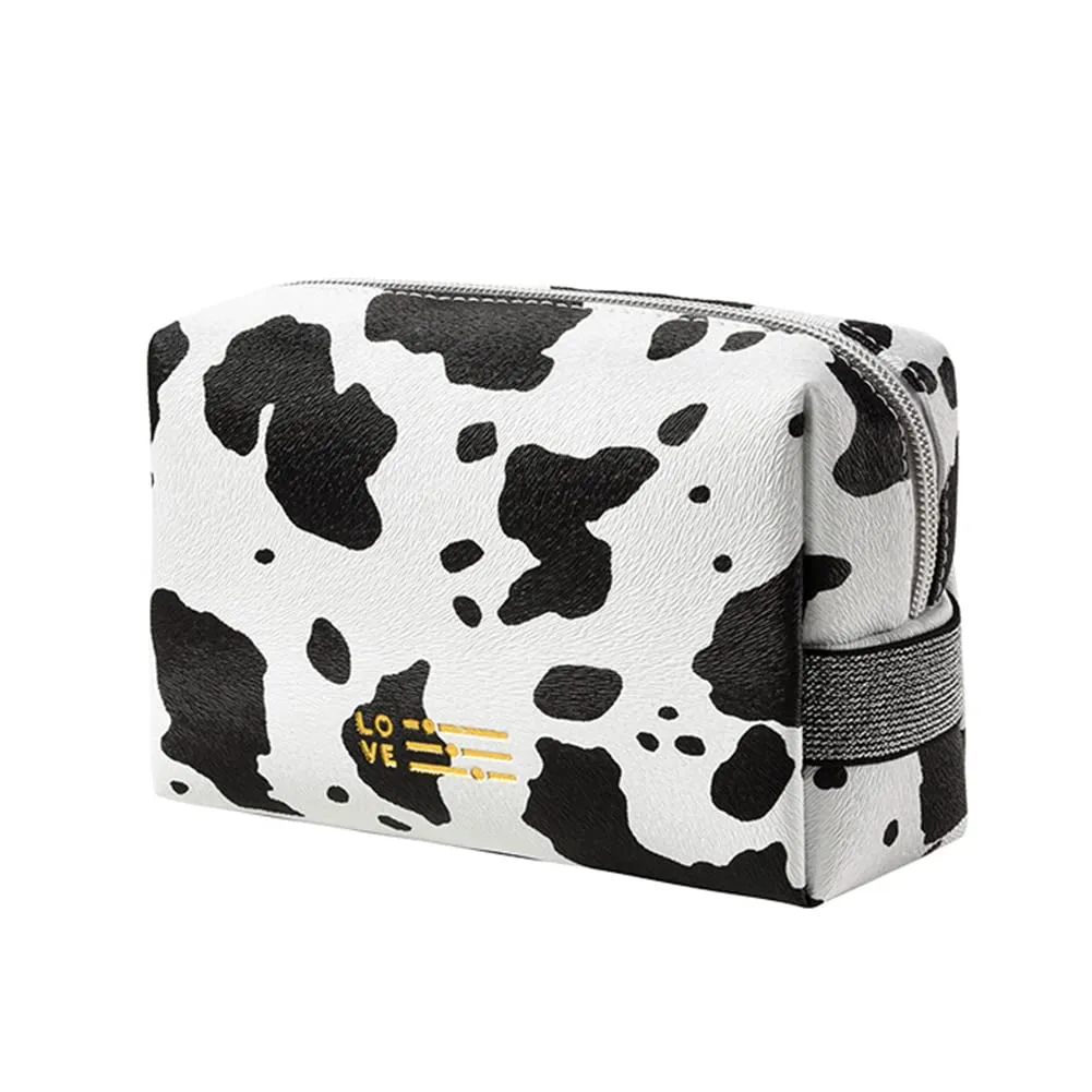 FITINI Portable Makeup Bag Cows Travel Small Zipper Cosmetic Bags Organizer for Women Handbag Toiletry Storage Pouch Waterproof Purse,White