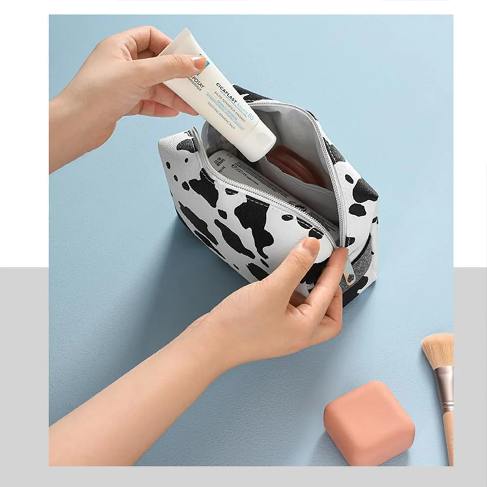 FITINI Portable Makeup Bag Cows Travel Small Zipper Cosmetic Bags Organizer for Women Handbag Toiletry Storage Pouch Waterproof Purse,White