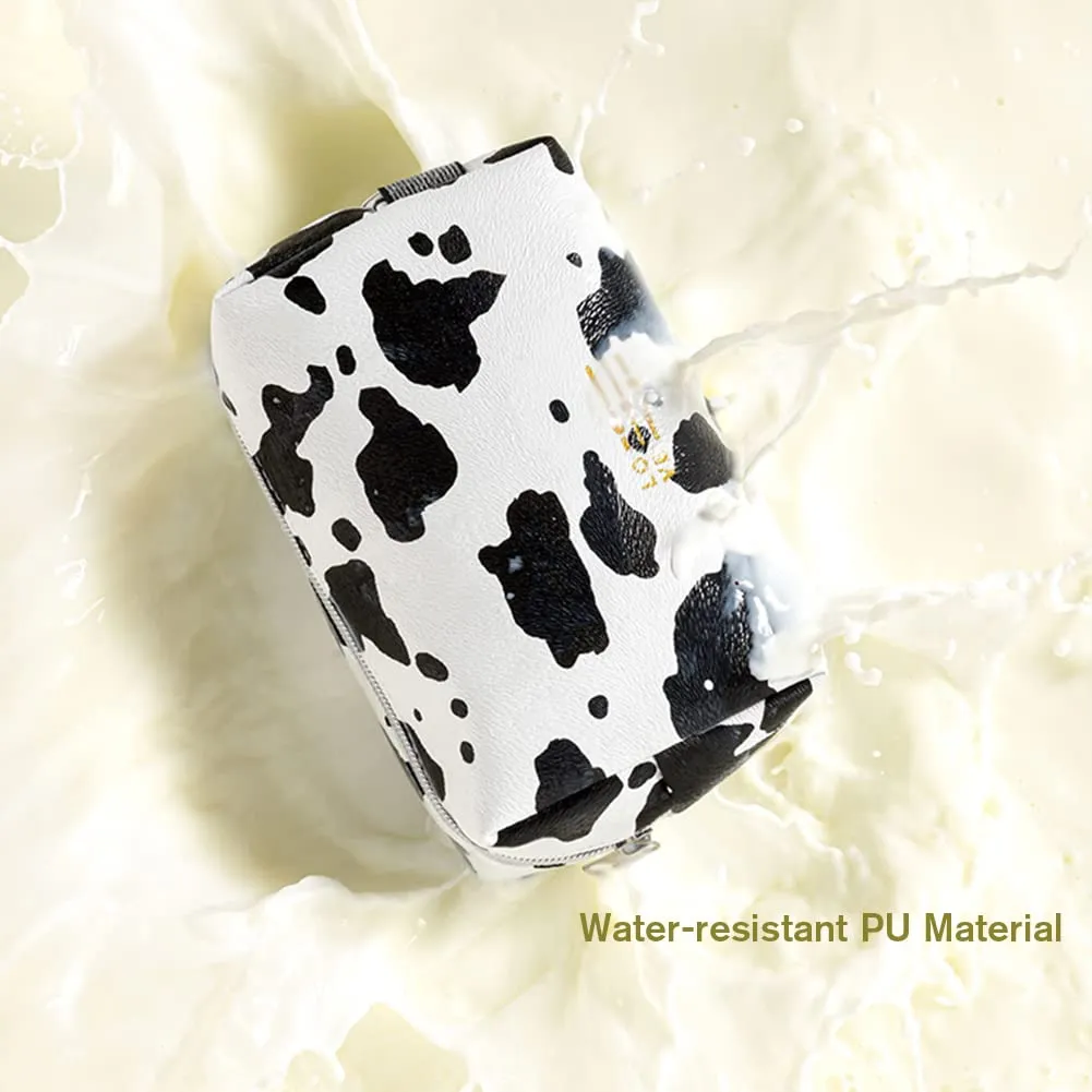 FITINI Portable Makeup Bag Cows Travel Small Zipper Cosmetic Bags Organizer for Women Handbag Toiletry Storage Pouch Waterproof Purse,White