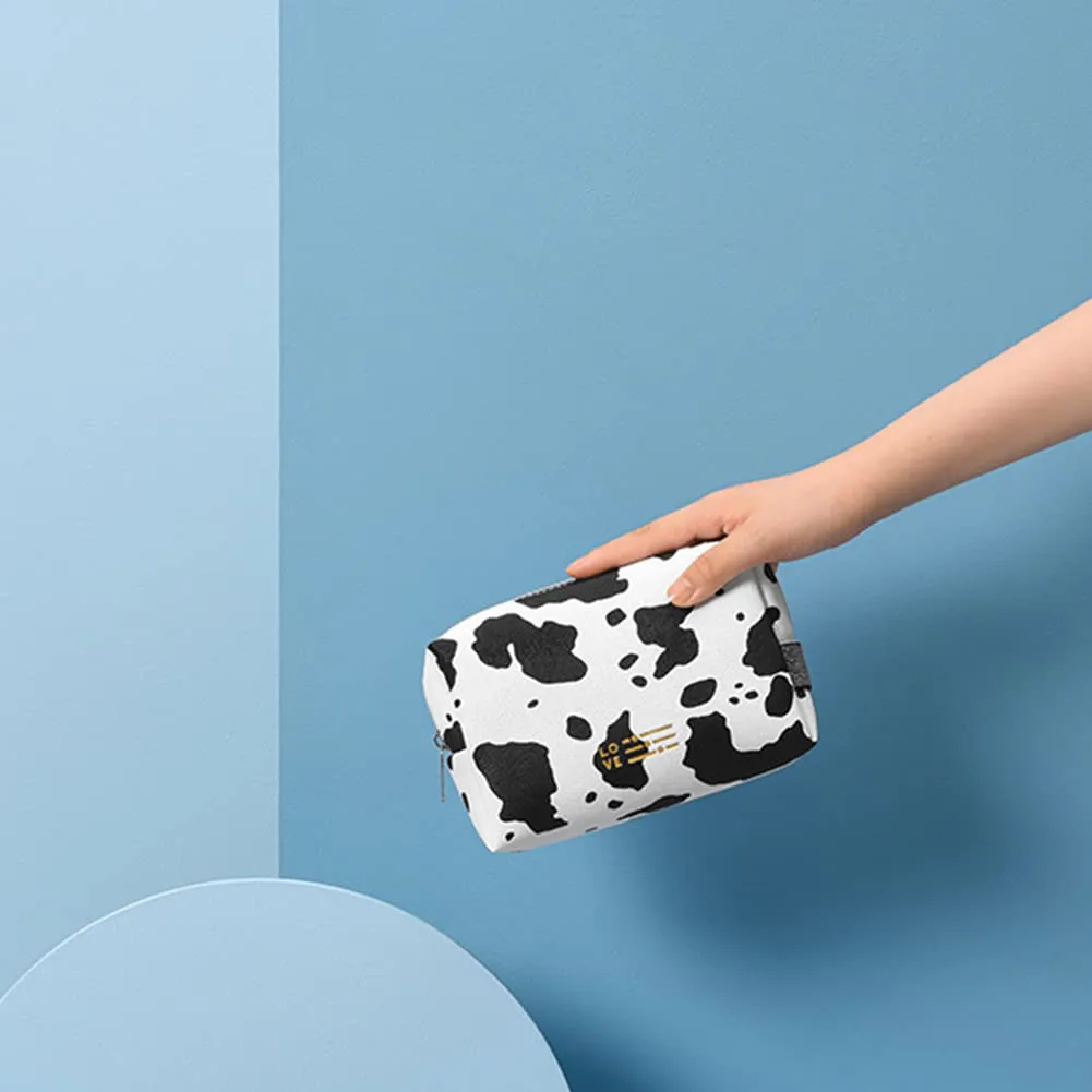FITINI Portable Makeup Bag Cows Travel Small Zipper Cosmetic Bags Organizer for Women Handbag Toiletry Storage Pouch Waterproof Purse,White