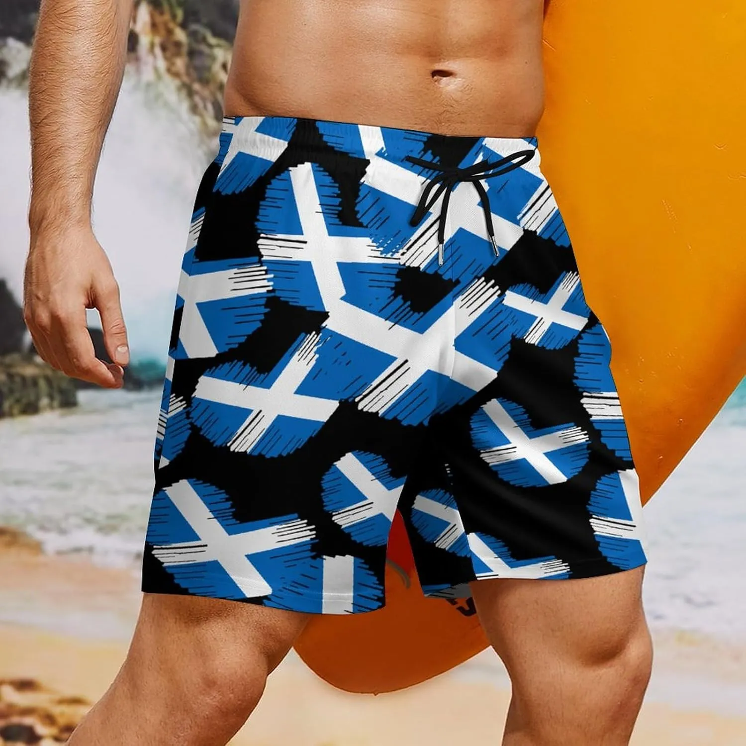 Flag of Scotland Heart Casual Beach Shorts for Men Elastic Waist Drawstring Swim Shorts With Compression Liner