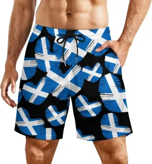 Flag of Scotland Heart Casual Beach Shorts for Men Elastic Waist Drawstring Swim Shorts With Compression Liner