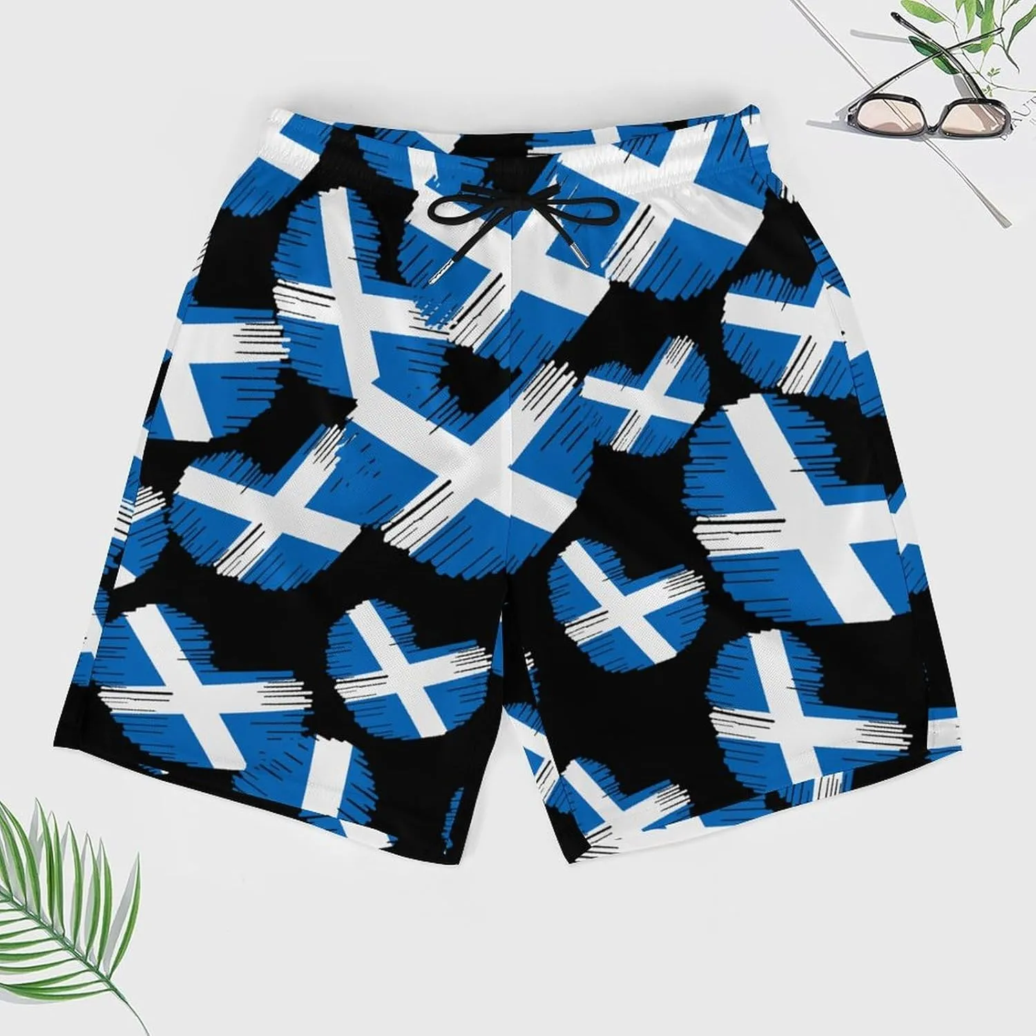 Flag of Scotland Heart Casual Beach Shorts for Men Elastic Waist Drawstring Swim Shorts With Compression Liner