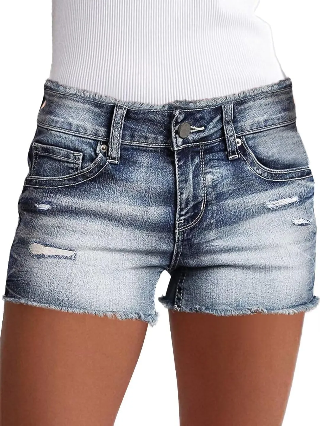 Flamingals Jean Shorts for Women Mid Waisted Stretchy Ripped Denim Shorts Raw Hem Curvy Summer Trendy