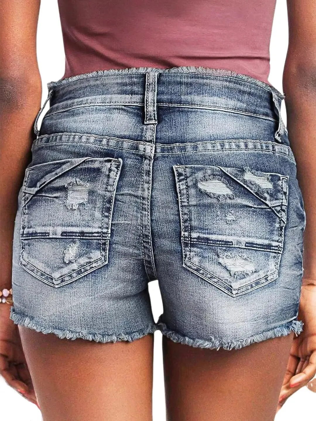 Flamingals Jean Shorts for Women Mid Waisted Stretchy Ripped Denim Shorts Raw Hem Curvy Summer Trendy